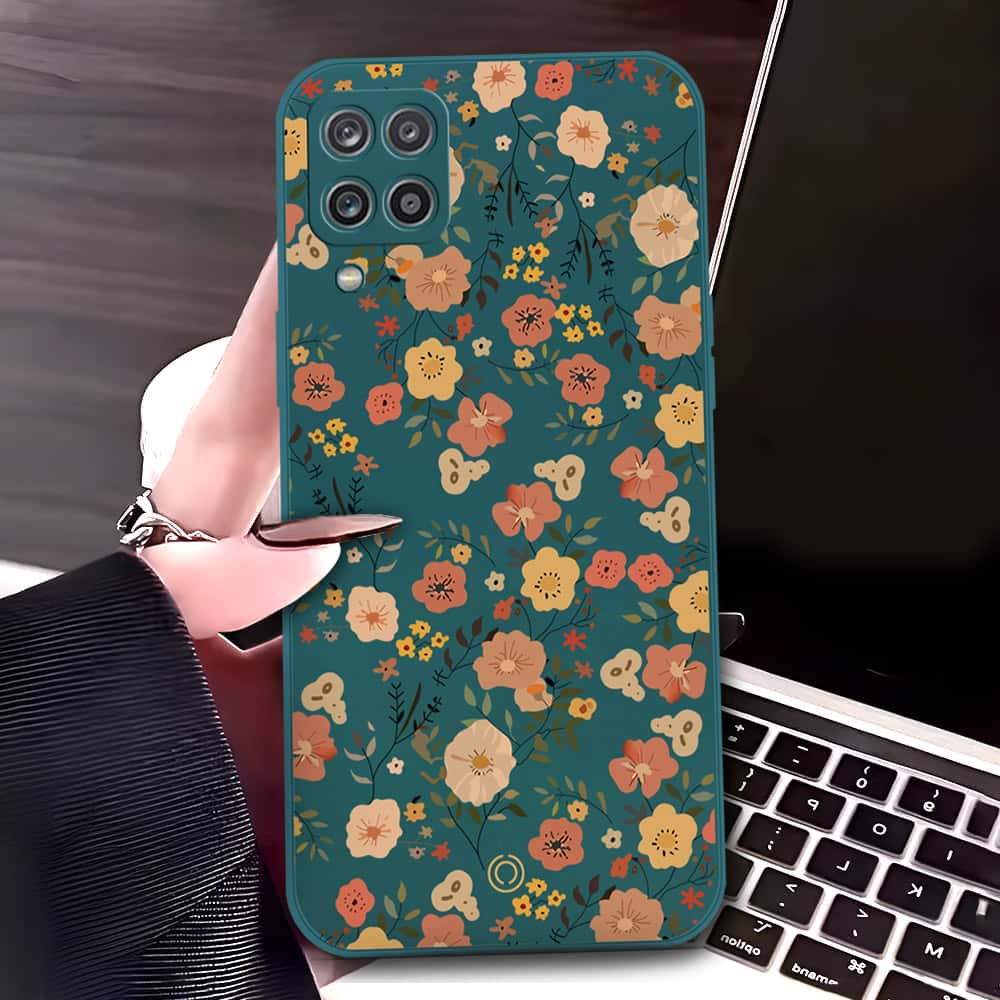 Samsung Galaxy A12 Cover - Dark Green - D3 - ONation Floral Series - HQ Liquid Silicone Soft Case