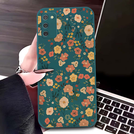 Samsung Galaxy A02s Cover - Dark Green - D3 - ONation Floral Series - HQ Liquid Silicone Soft Case