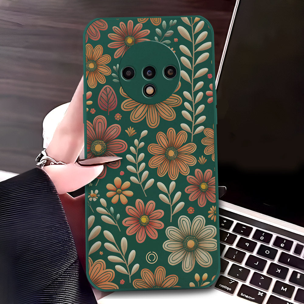 OnePlus 7T Cover - Dark Green - D4 - ONation Floral Series - HQ Liquid Silicone Soft Case