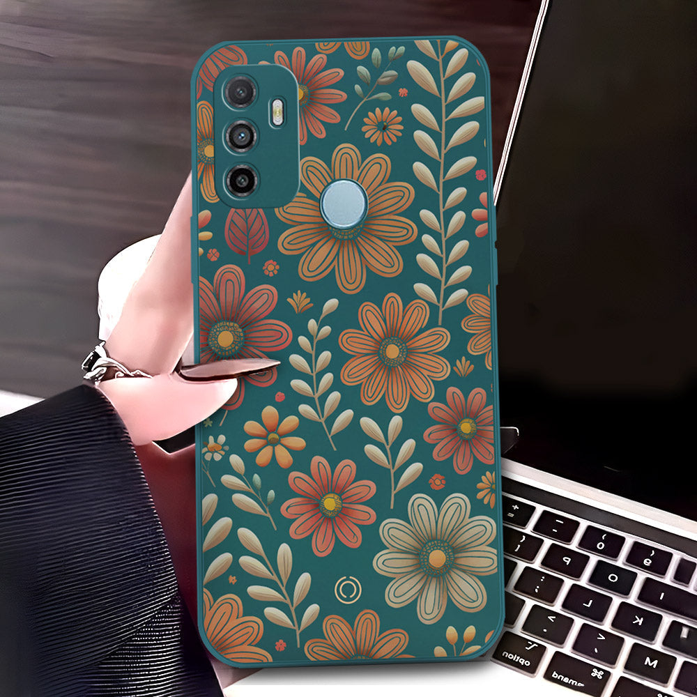 Oppo A53s Cover - Dark Green - D4 - ONation Floral Series - HQ Liquid Silicone Soft Case
