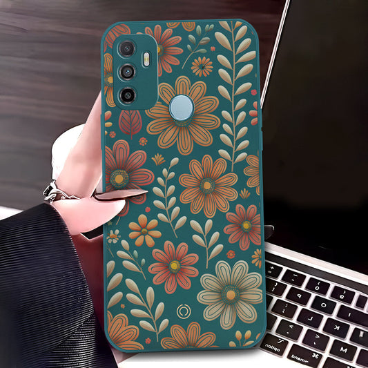 Oppo A53s Cover - Dark Green - D4 - ONation Floral Series - HQ Liquid Silicone Soft Case