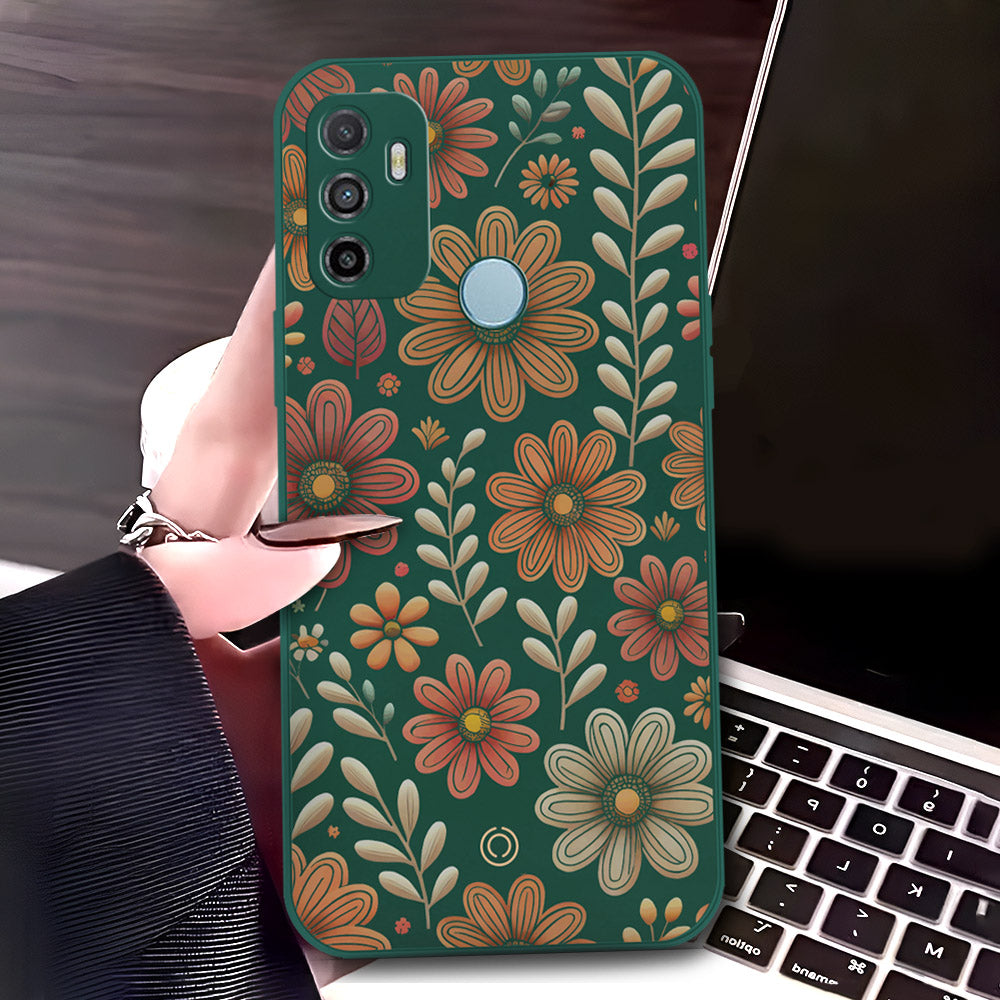 Oppo A53 Cover - Dark Green - D4 - ONation Floral Series - HQ Liquid Silicone Soft Case