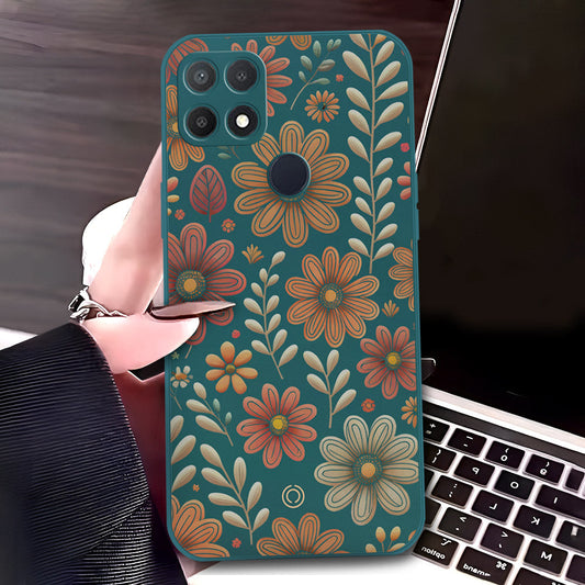 Oppo A15s Cover - Dark Green - D4 - ONation Floral Series - HQ Liquid Silicone Soft Case