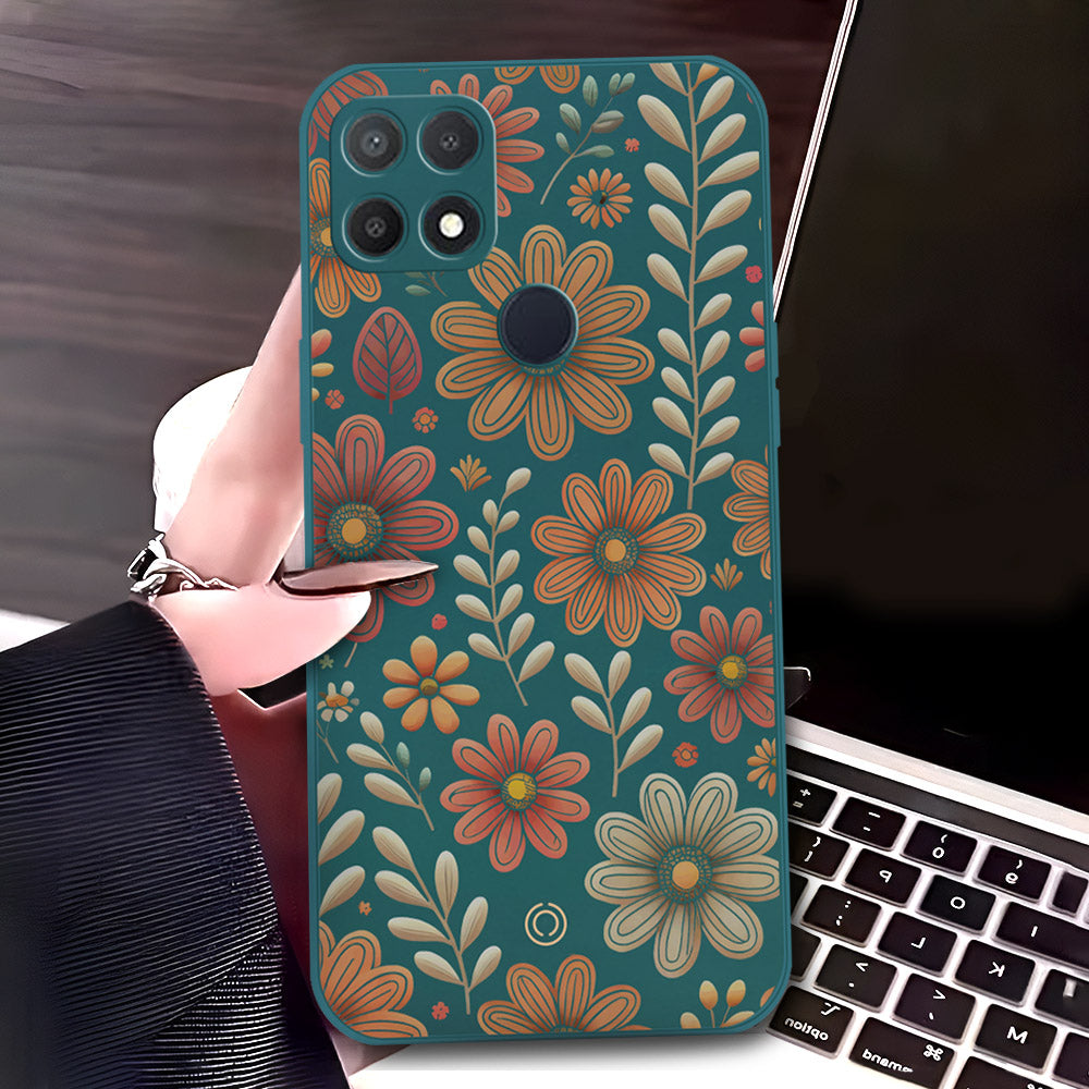 Oppo A15 Cover - Dark Green - D4 - ONation Floral Series - HQ Liquid Silicone Soft Case