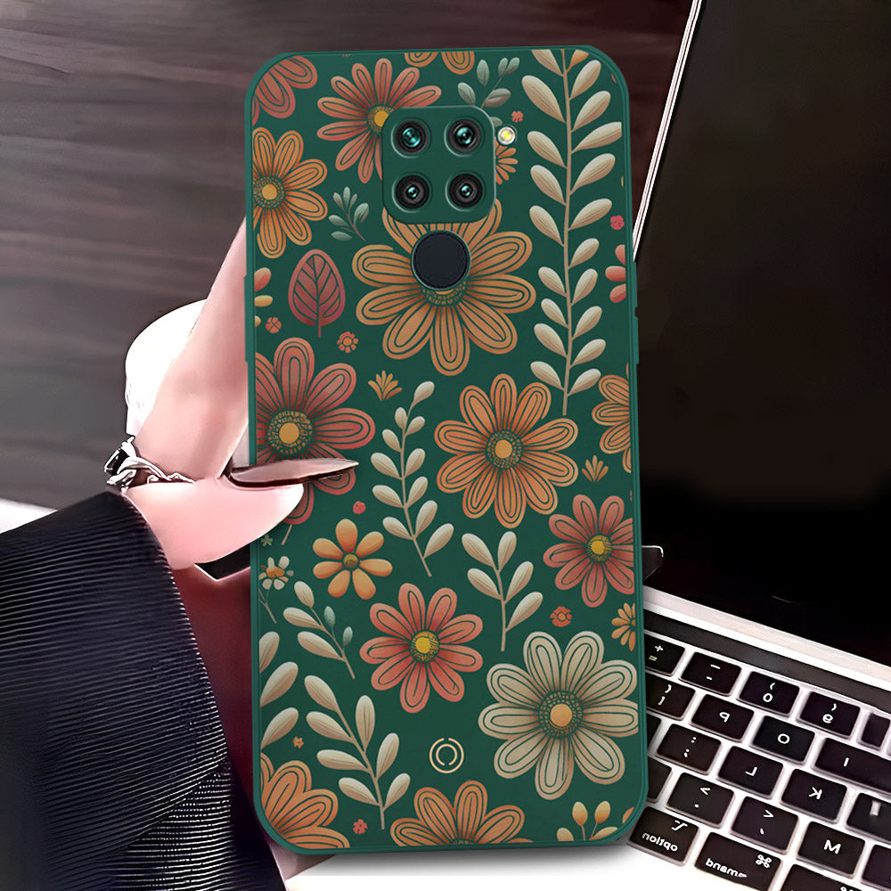 Xiaomi Redmi Note 9 Cover - Dark Green - D4 - ONation Floral Series - HQ Liquid Silicone Soft Case