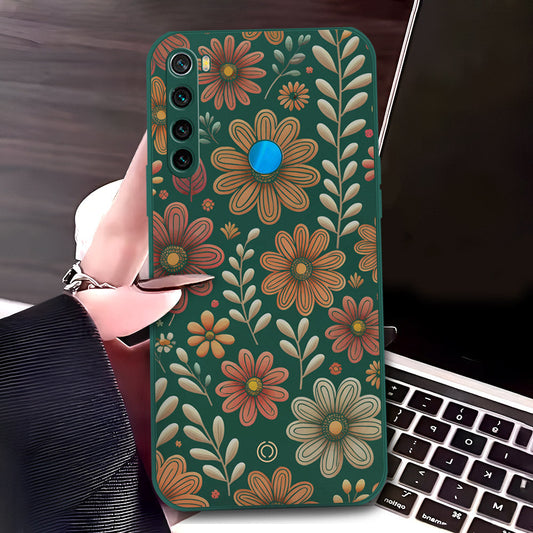 Xiaomi Redmi Note 8 Cover - Dark Green - D4 - ONation Floral Series - HQ Liquid Silicone Soft Case