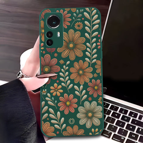 Xiaomi 12 Cover - Dark Green - D4 - ONation Floral Series - HQ Liquid Silicone Soft Case