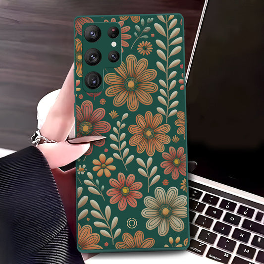 Samsung Galaxy S22 Ultra 5G Cover - Dark Green - D4 - ONation Floral Series - HQ Liquid Silicone Soft Case
