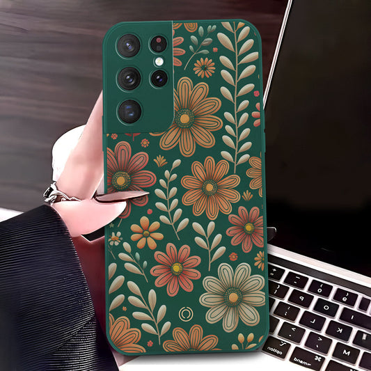 Samsung Galaxy S21 Ultra 5G Cover - Dark Green - D4 - ONation Floral Series - HQ Liquid Silicone Soft Case