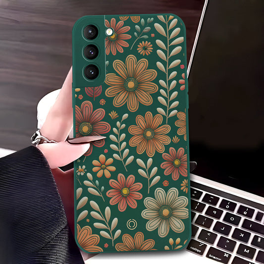 Samsung Galaxy S21 5G Cover - Dark Green - D4 - ONation Floral Series - HQ Liquid Silicone Soft Case