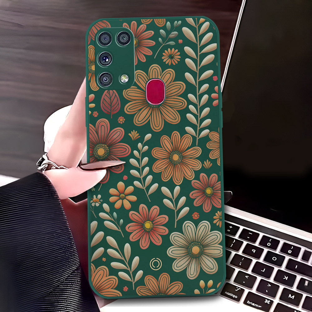 Samsung Galaxy M31 Cover - Dark Green - D4 - ONation Floral Series - HQ Liquid Silicone Soft Case