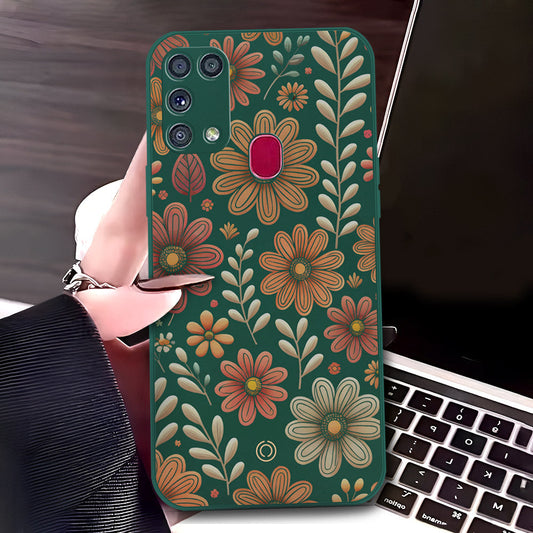 Samsung Galaxy M31 Cover - Dark Green - D4 - ONation Floral Series - HQ Liquid Silicone Soft Case