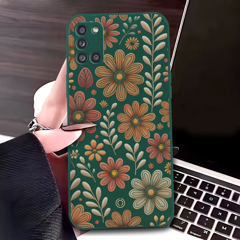 Samsung Galaxy A31 Cover - Dark Green - D4 - ONation Floral Series - HQ Liquid Silicone Soft Case