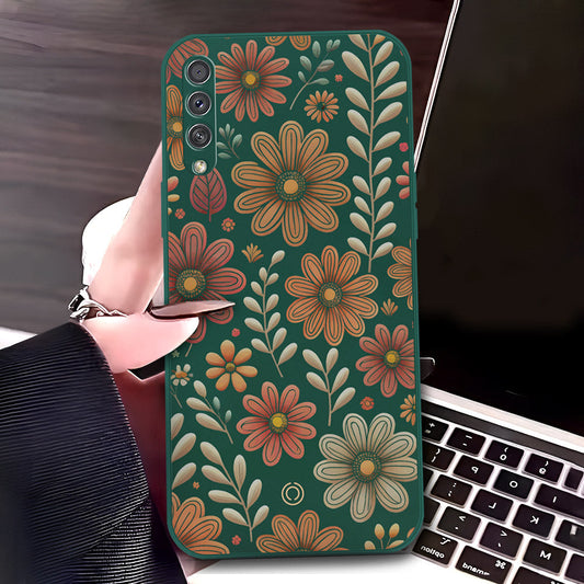 Samsung Galaxy A30s Cover - Dark Green - D4 - ONation Floral Series - HQ Liquid Silicone Soft Case