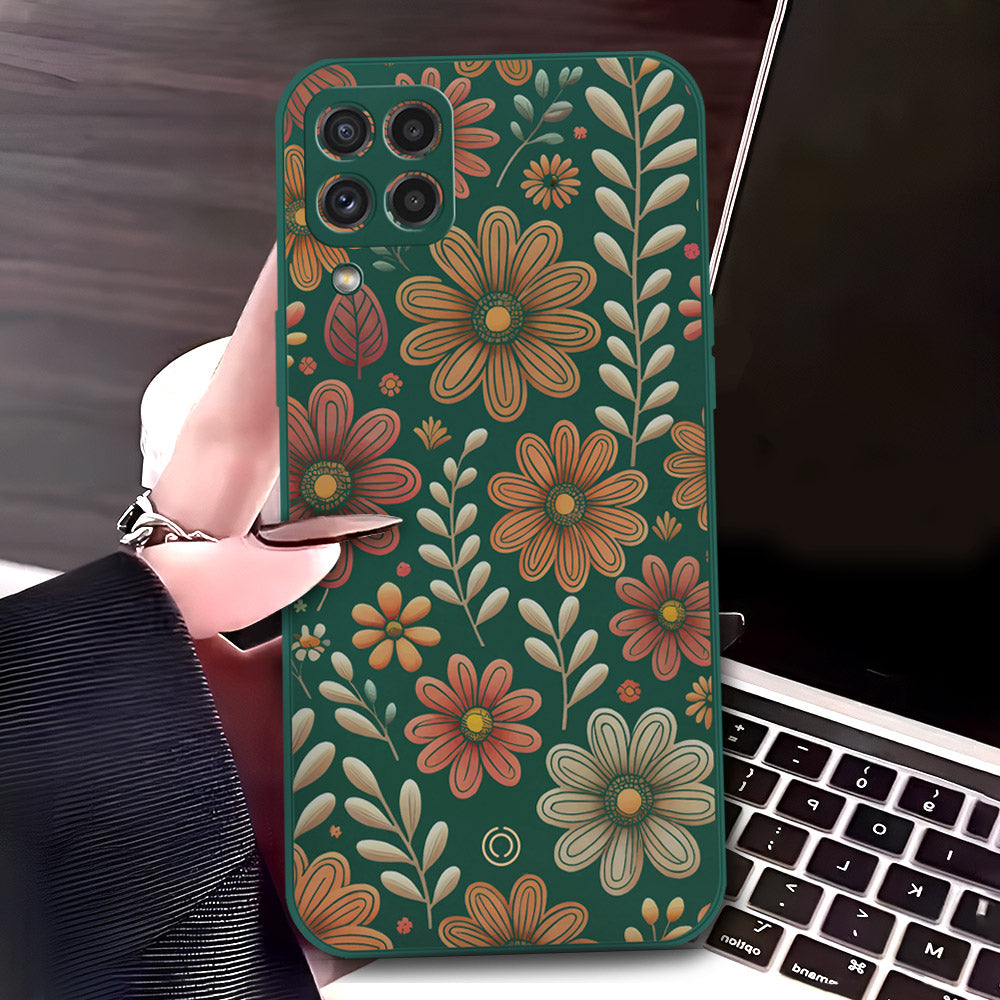 Samsung Galaxy A22 Cover - Dark Green - D4 - ONation Floral Series - HQ Liquid Silicone Soft Case