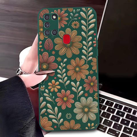 Samsung Galaxy A21s Cover - Dark Green - D4 - ONation Floral Series - HQ Liquid Silicone Soft Case
