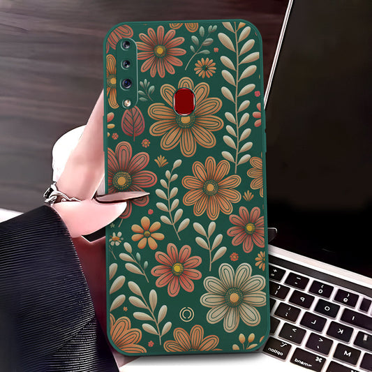 Samsung Galaxy A20s Cover - Dark Green - D4 - ONation Floral Series - HQ Liquid Silicone Soft Case