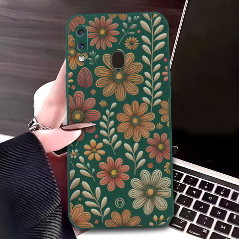 Samsung Galaxy A20 Cover - Dark Green - D4 - ONation Floral Series - HQ Liquid Silicone Soft Case