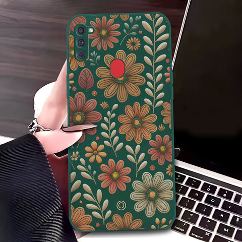 Samsung Galaxy A11 Cover - Dark Green - D4 - ONation Floral Series - HQ Liquid Silicone Soft Case