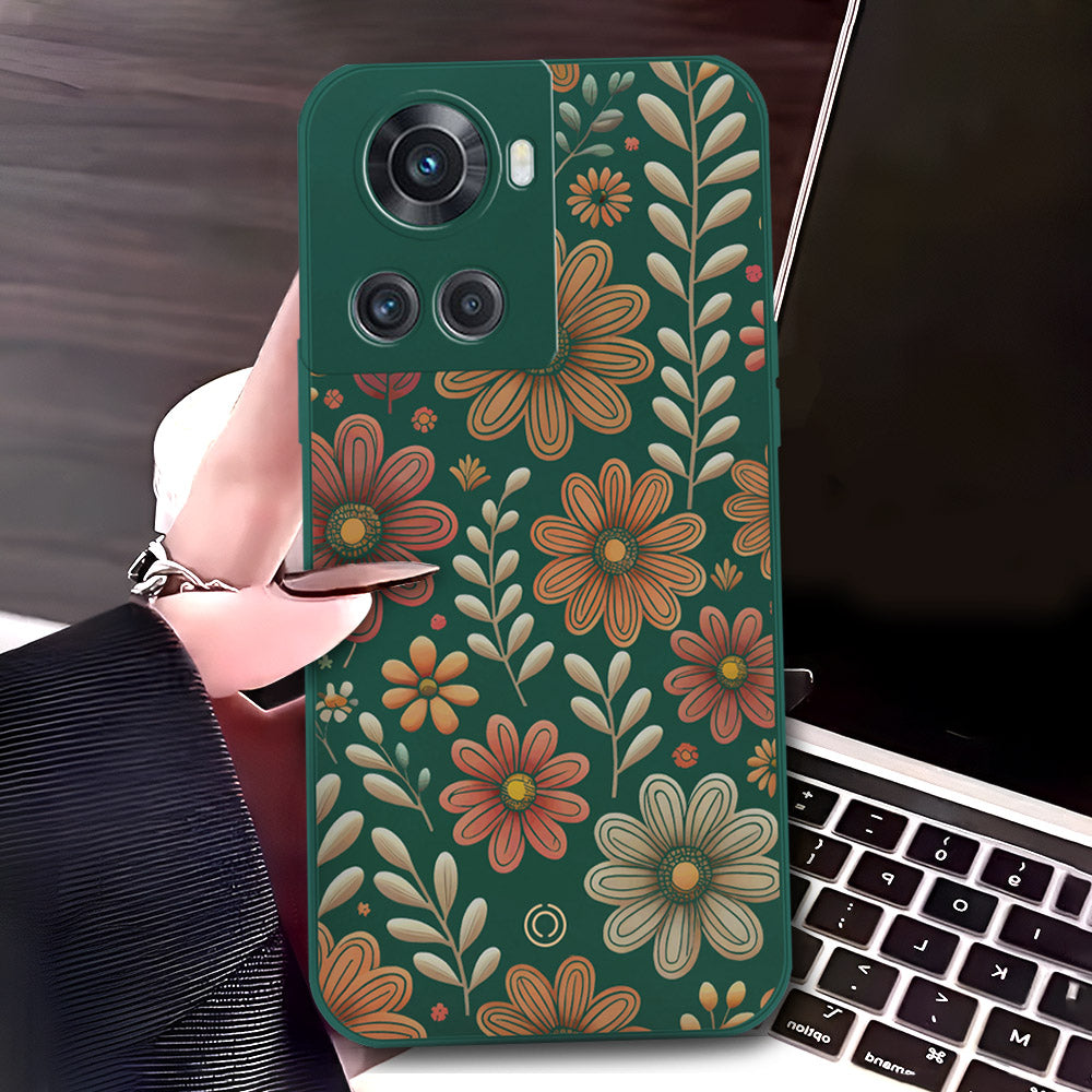 OnePlus Ace Cover - Dark Green - D4 - ONation Floral Series - HQ Liquid Silicone Soft Case