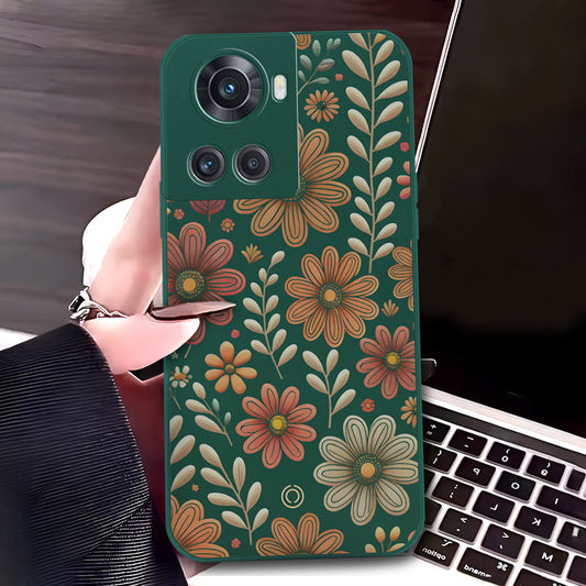 OnePlus Ace Cover - Dark Green - D4 - ONation Floral Series - HQ Liquid Silicone Soft Case