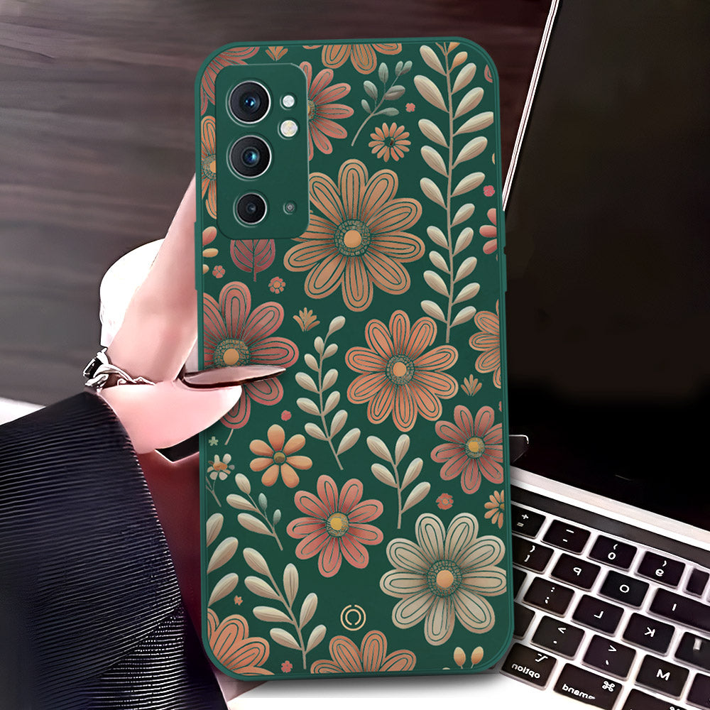 OnePlus 9RT 5G Cover - Dark Green - D4 - ONation Floral Series - HQ Liquid Silicone Soft Case