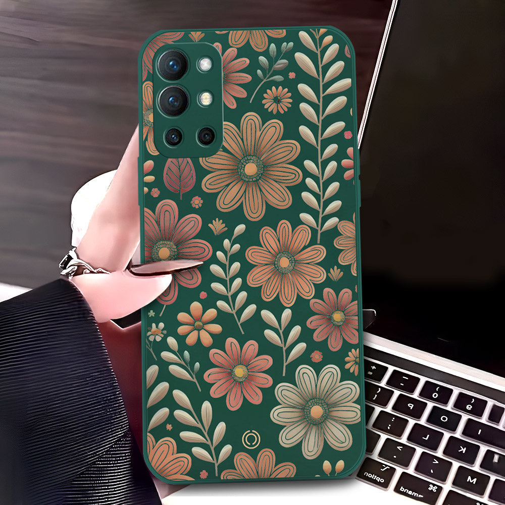 OnePlus 9R Cover - Dark Green - D4 - ONation Floral Series - HQ Liquid Silicone Soft Case