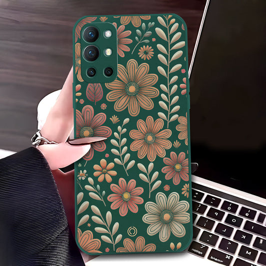 OnePlus 9R Cover - Dark Green - D4 - ONation Floral Series - HQ Liquid Silicone Soft Case