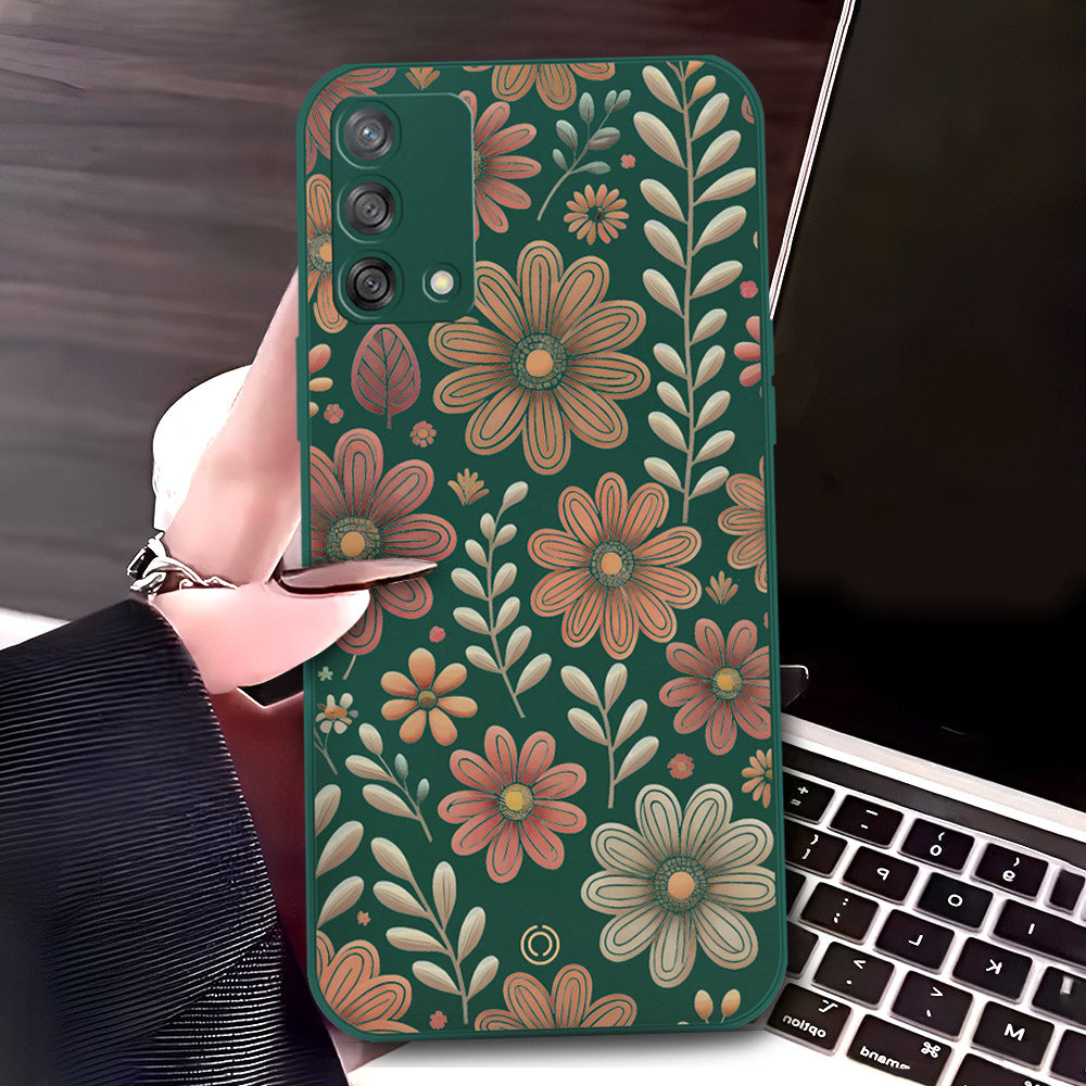 Oppo Reno 6 Lite Cover - Dark Green - D4 - ONation Floral Series - HQ Liquid Silicone Soft Case