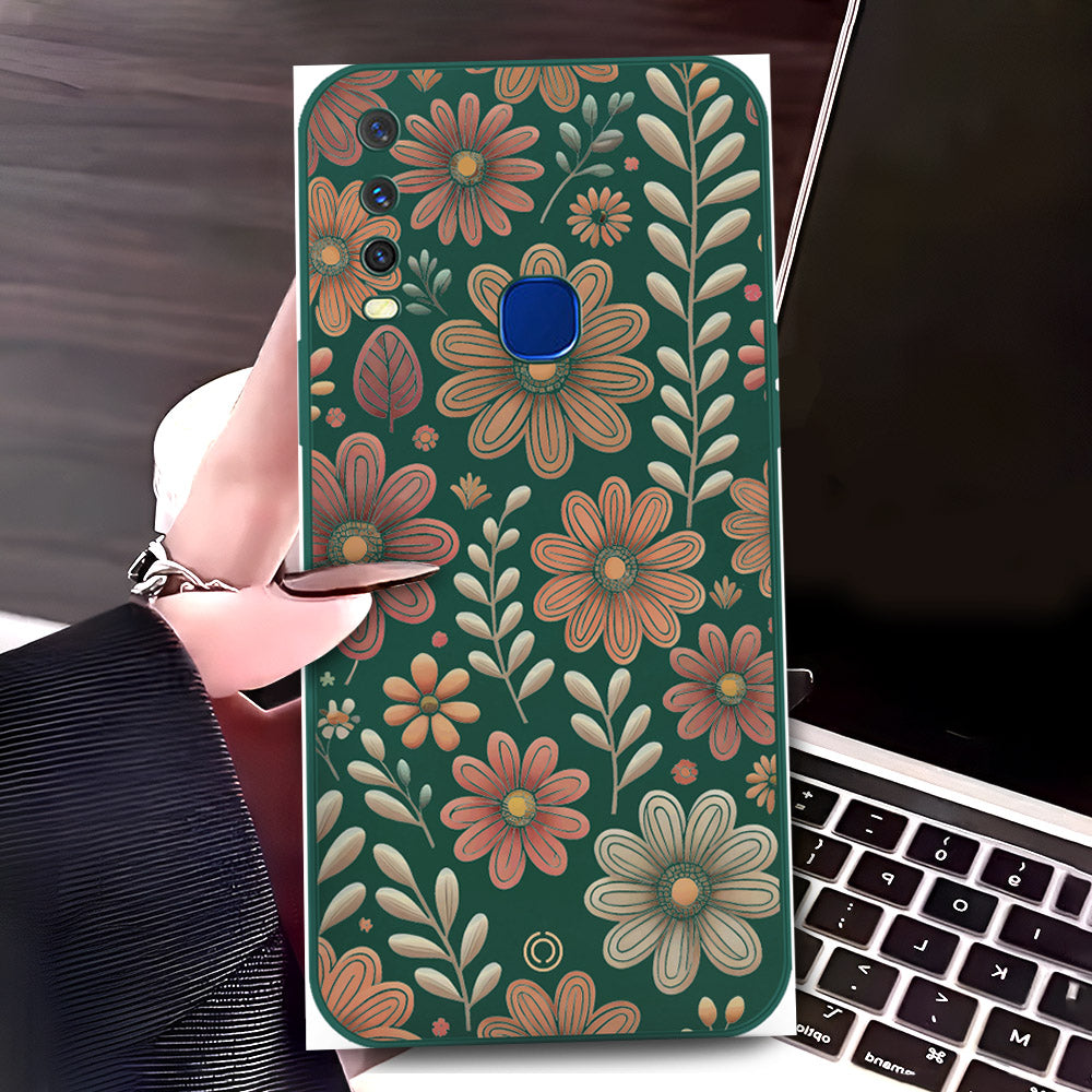 Vivo Y17 Cover - Dark Green - D4 - ONation Floral Series - HQ Liquid Silicone Soft Case