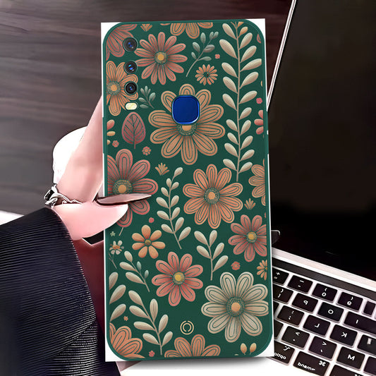 Vivo Y17 Cover - Dark Green - D4 - ONation Floral Series - HQ Liquid Silicone Soft Case