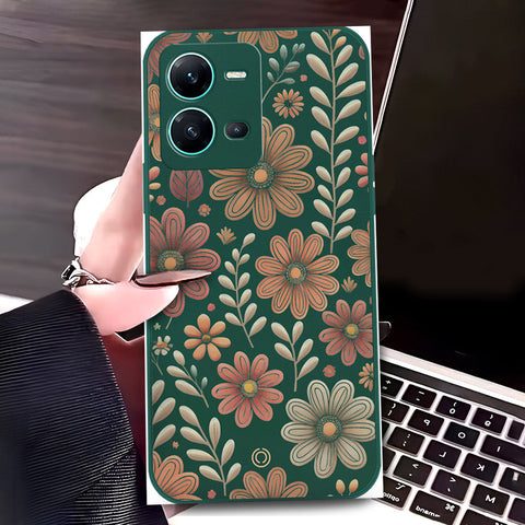 Vivo V25e Cover - Dark Green - D4 - ONation Floral Series - HQ Liquid Silicone Soft Case