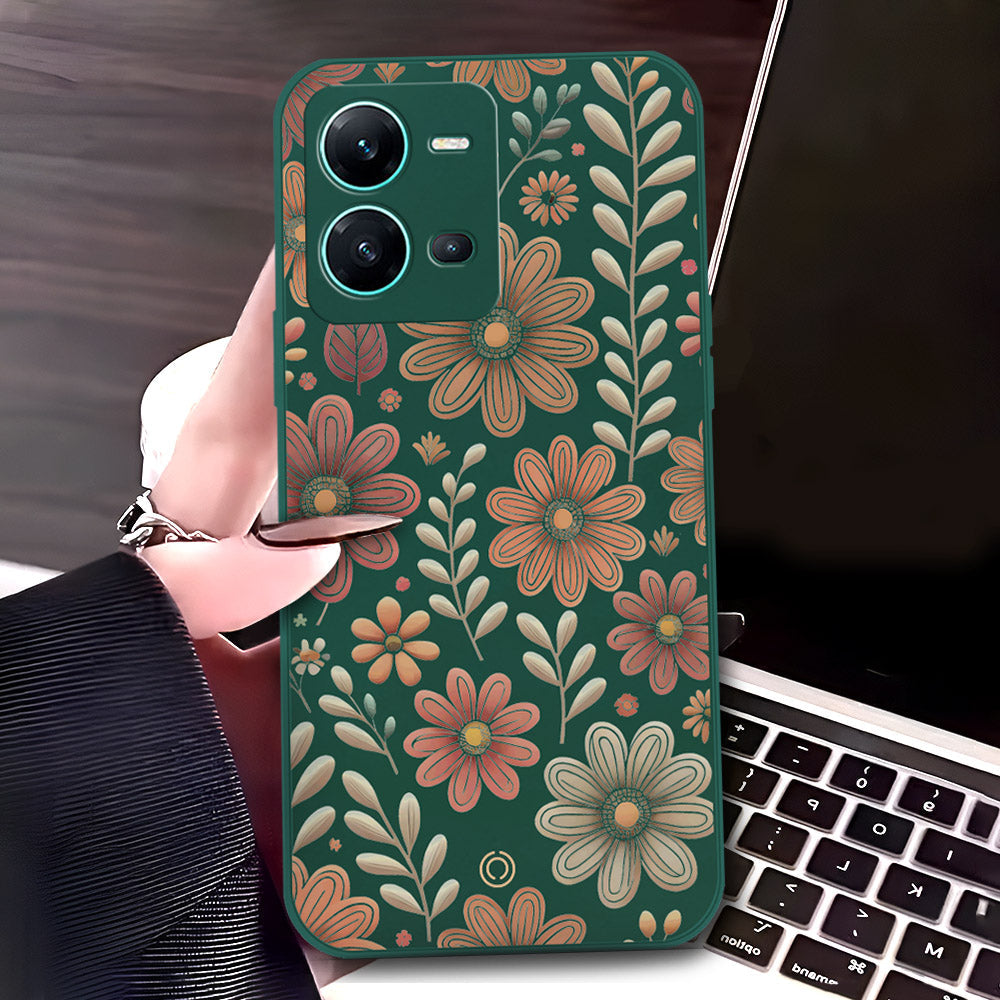 Vivo V25 5G Cover - Dark Green - D4 - ONation Floral Series - HQ Liquid Silicone Soft Case