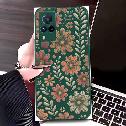 Vivo V21 Cover - Dark Green - D4 - ONation Floral Series - HQ Liquid Silicone Soft Case