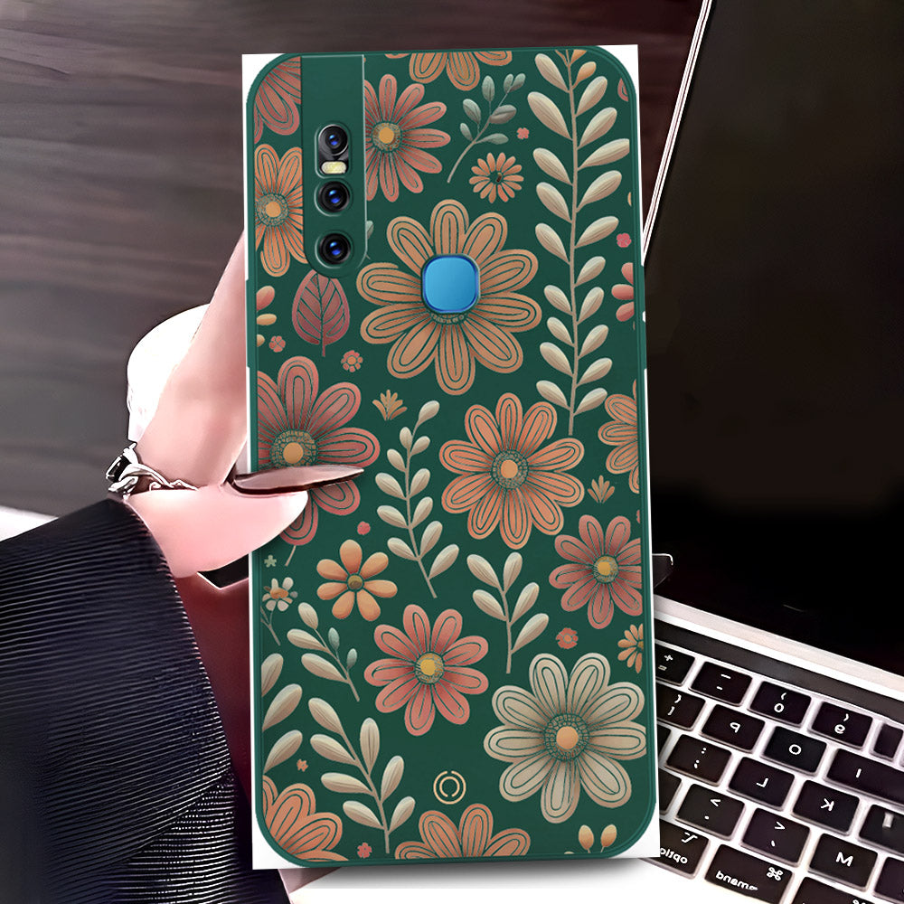 Vivo V15 Cover - Dark Green - D4 - ONation Floral Series - HQ Liquid Silicone Soft Case