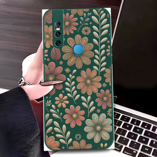 Vivo V15 Cover - Dark Green - D4 - ONation Floral Series - HQ Liquid Silicone Soft Case