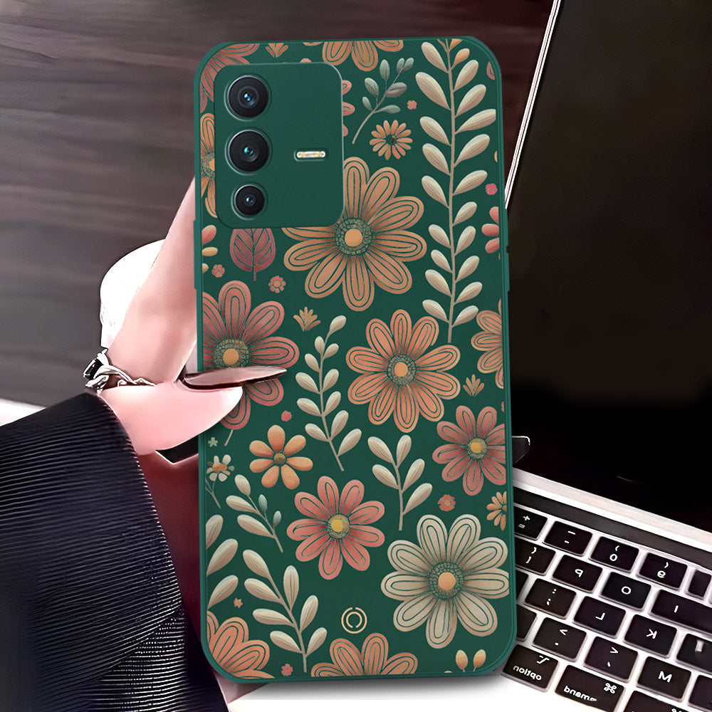 Vivo S12 Cover - Dark Green - D4 - ONation Floral Series - HQ Liquid Silicone Soft Case