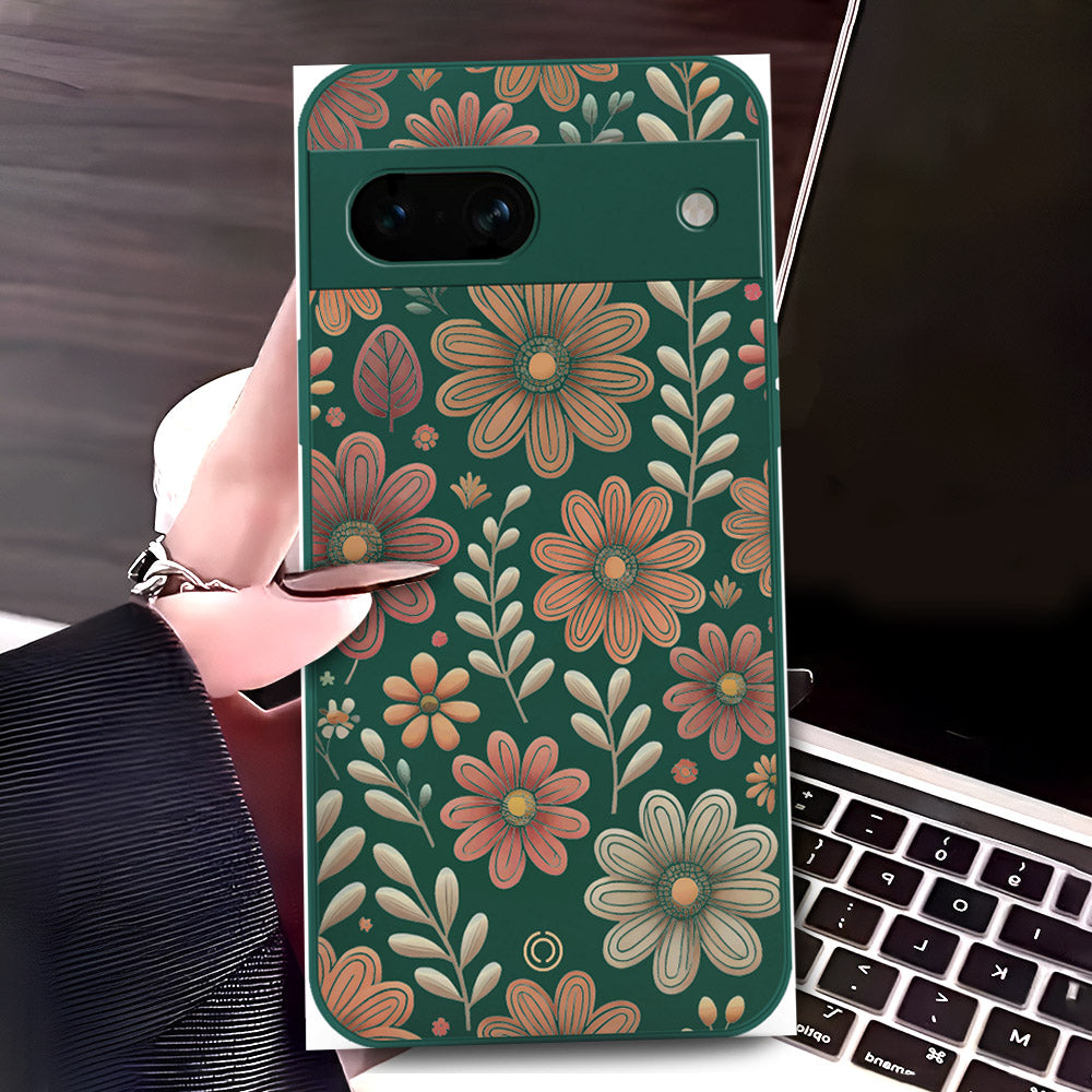 Google Pixel 7a Cover - Dark Green - D4 - ONation Floral Series - HQ Liquid Silicone Soft Case