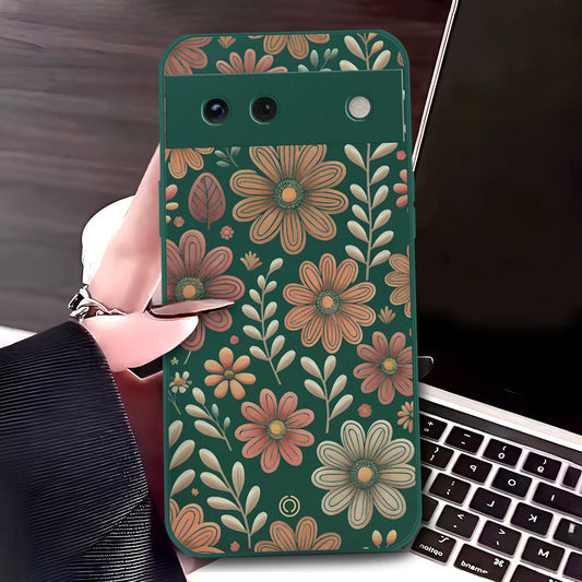 Google Pixel 6a Cover - Dark Green - D4 - ONation Floral Series - HQ Liquid Silicone Soft Case