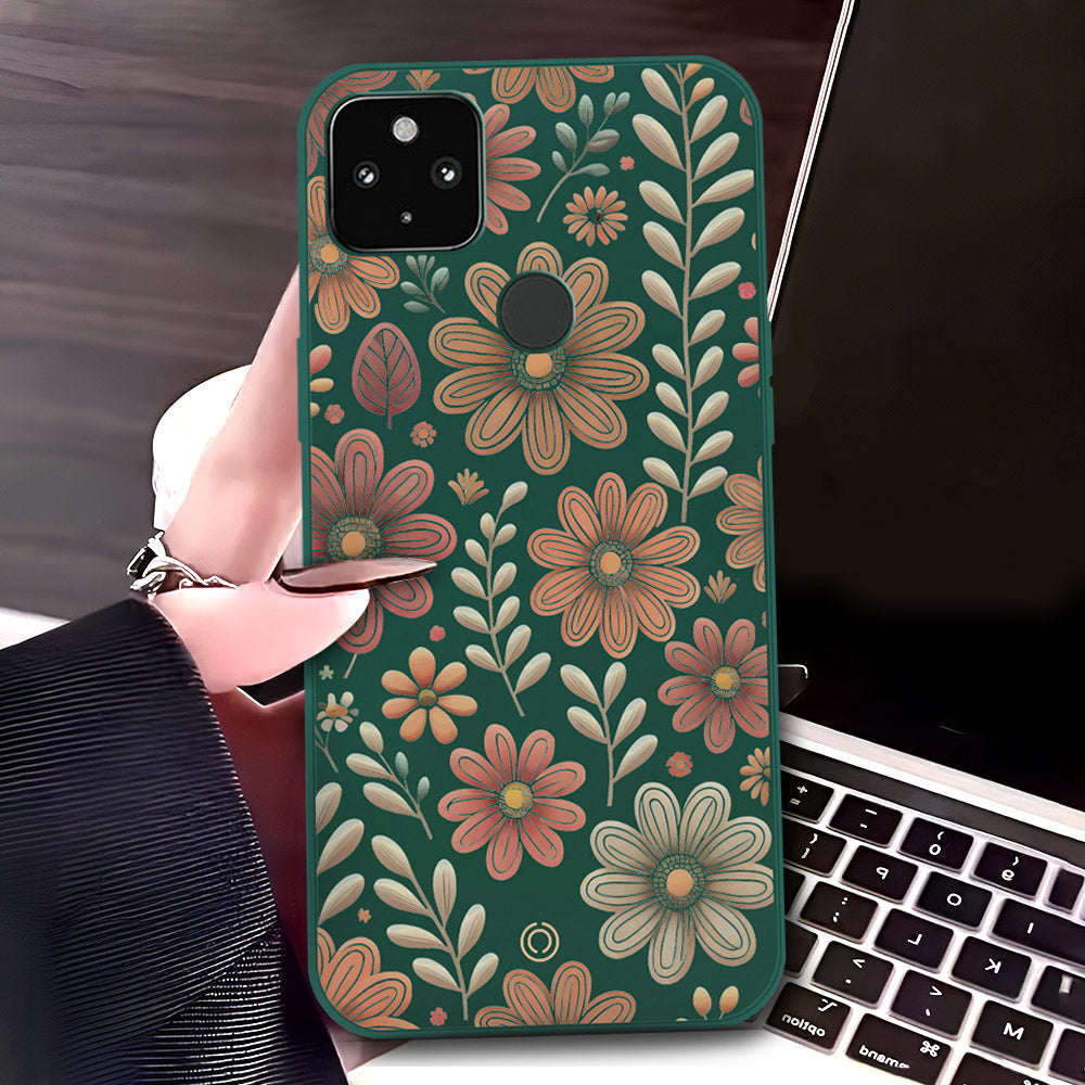 Google Pixel 4a 5G Cover - Dark Green - D4 - ONation Floral Series - HQ Liquid Silicone Soft Case