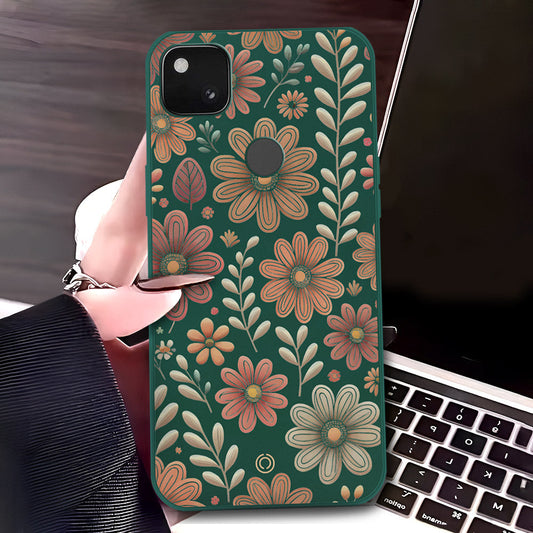 Google Pixel 4a 4G Cover - Dark Green - D4 - ONation Floral Series - HQ Liquid Silicone Soft Case