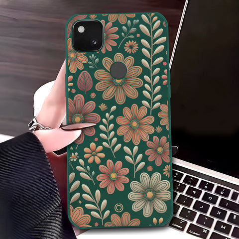 Google Pixel 4a 4G Cover - Dark Green - D4 - ONation Floral Series - HQ Liquid Silicone Soft Case