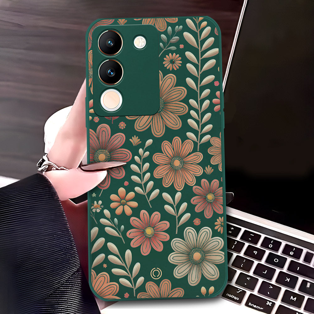 Vivo V29e Cover - Dark Green - D4 - ONation Floral Series - HQ Liquid Silicone Soft Case