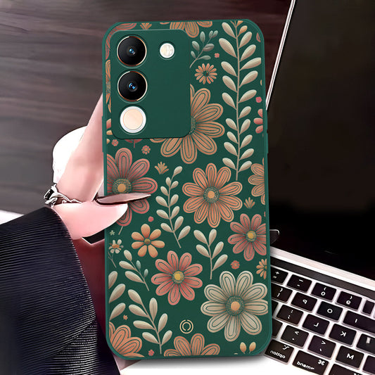 Vivo V29e Cover - Dark Green - D4 - ONation Floral Series - HQ Liquid Silicone Soft Case