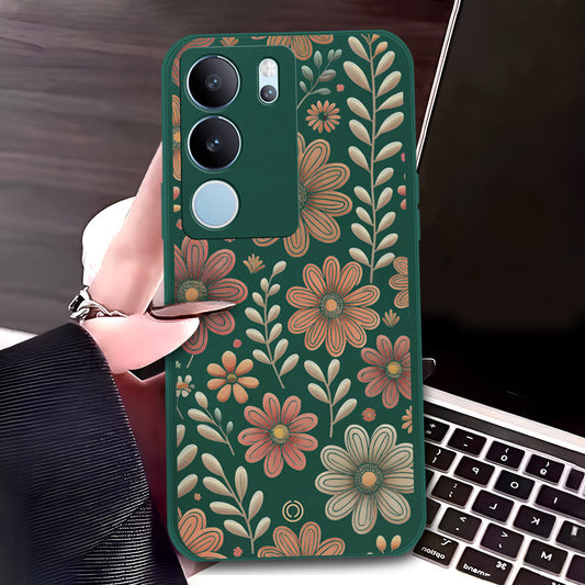 Vivo V29 Cover - Dark Green - D4 - ONation Floral Series - HQ Liquid Silicone Soft Case