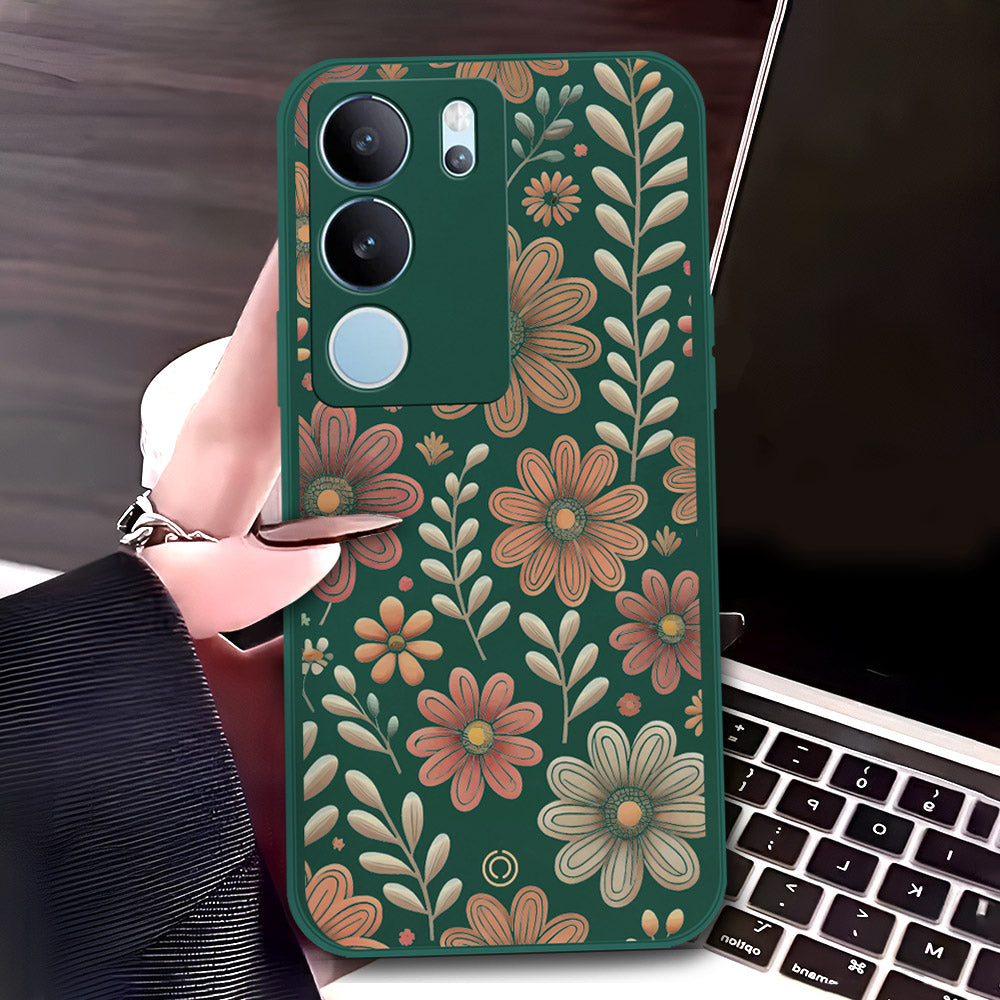 Vivo S17 Cover - Dark Green - D4 - ONation Floral Series - HQ Liquid Silicone Soft Case