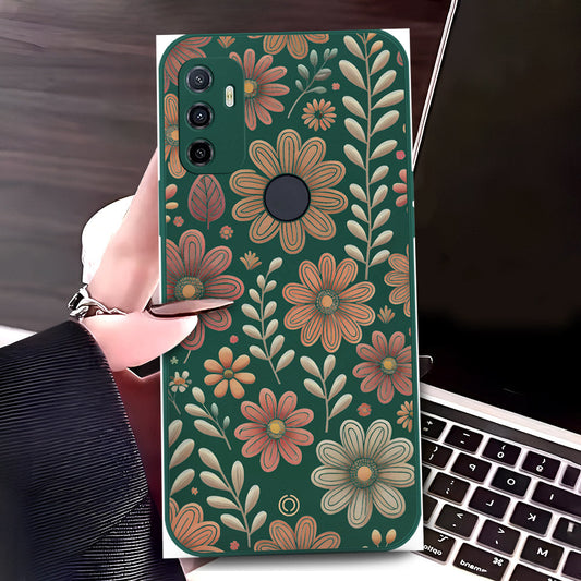 Oppo A32 Cover - Dark Green - D4 - ONation Floral Series - HQ Liquid Silicone Soft Case