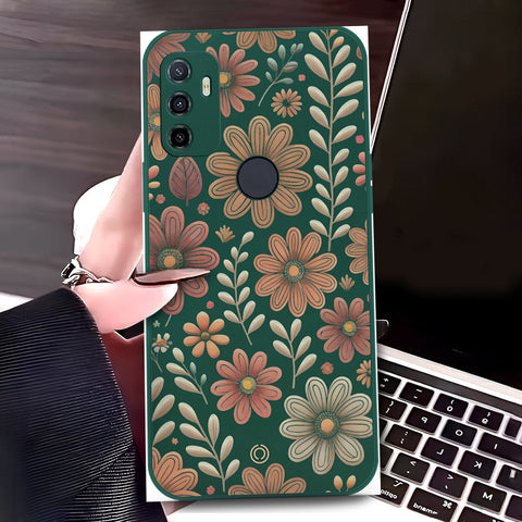 Oppo A32 Cover - Dark Green - D4 - ONation Floral Series - HQ Liquid Silicone Soft Case