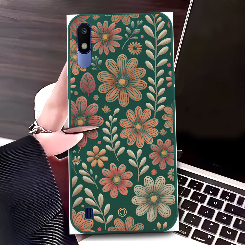 Samsung Galaxy A10 Cover - Dark Green - D4 - ONation Floral Series - HQ Liquid Silicone Soft Case