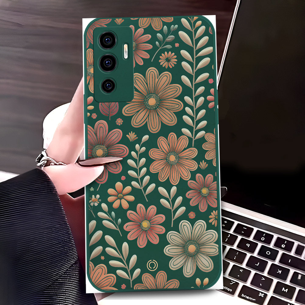 Vivo V23e 5G Cover - Dark Green - D4 - ONation Floral Series - HQ Liquid Silicone Soft Case